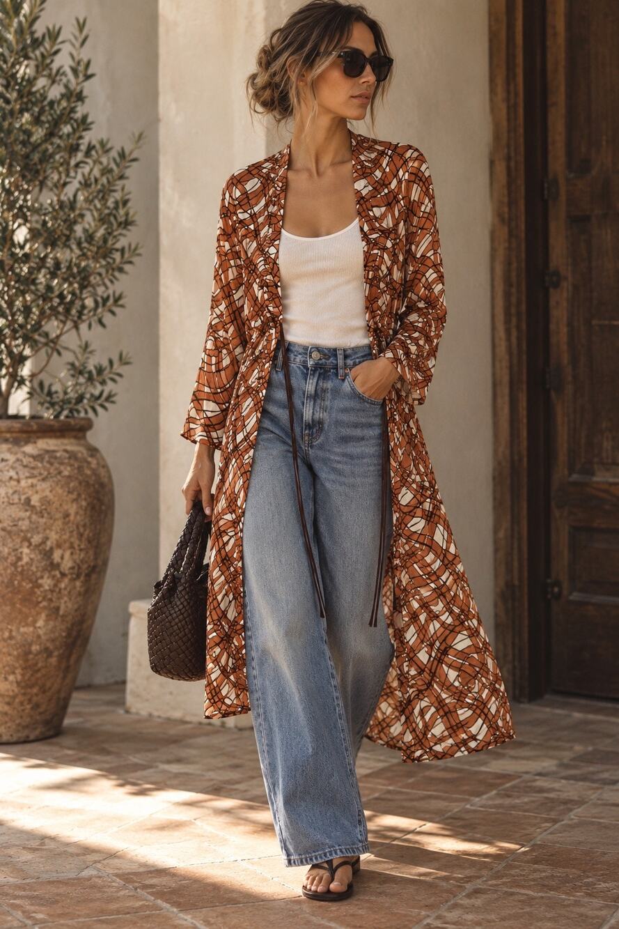 Erica Tanov Silk Robe Duster Sheer Bohemian Luxury 3 Coat XL 12 Orange Boho